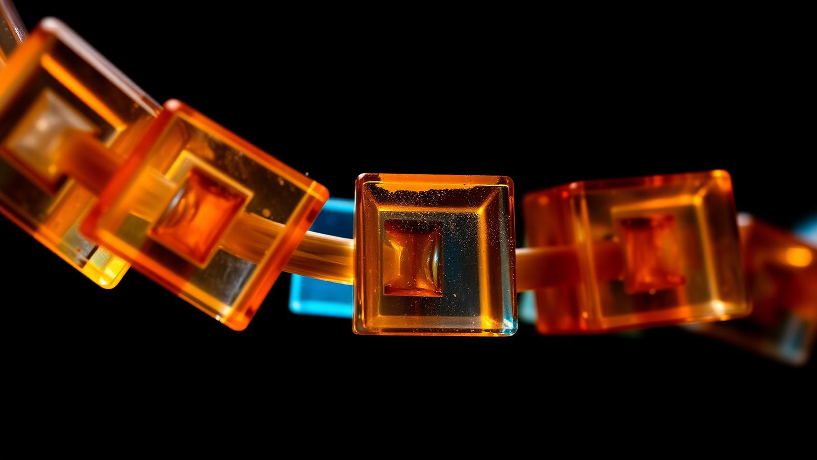 Macro photograph of translucent amber and blue blocks linked like a chain