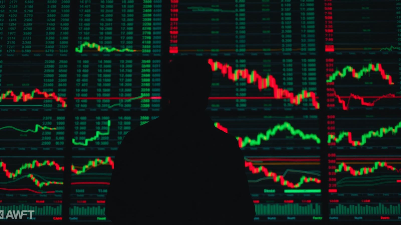 A silhouetted analyst in front of a wall of green and red candlestick charts