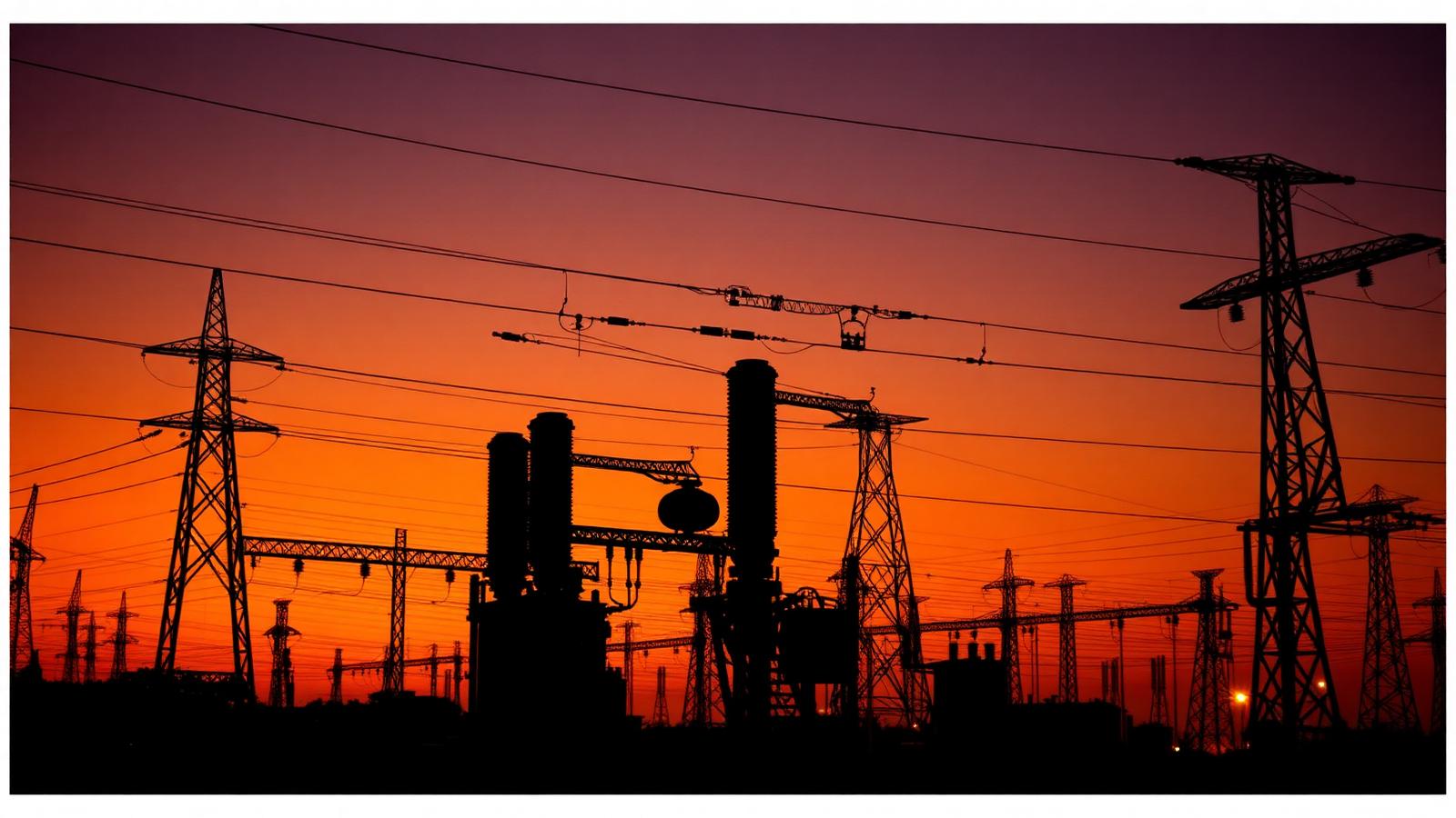 Electrical substation transformers and pylons silhouetted against an orange sunset