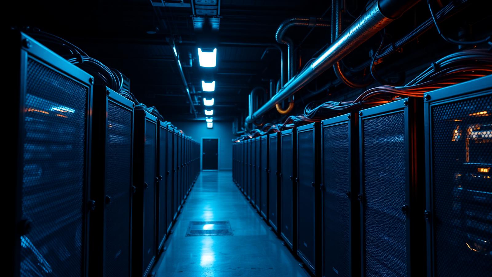 A long aisle of industrial mining machines in a dark warehouse