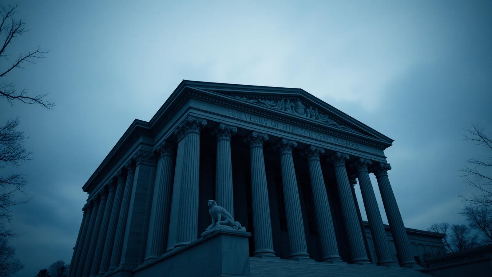 Columns of a government building photographed from below at dusk