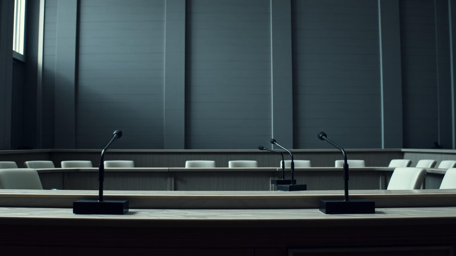 An empty government hearing room with microphones on a long desk