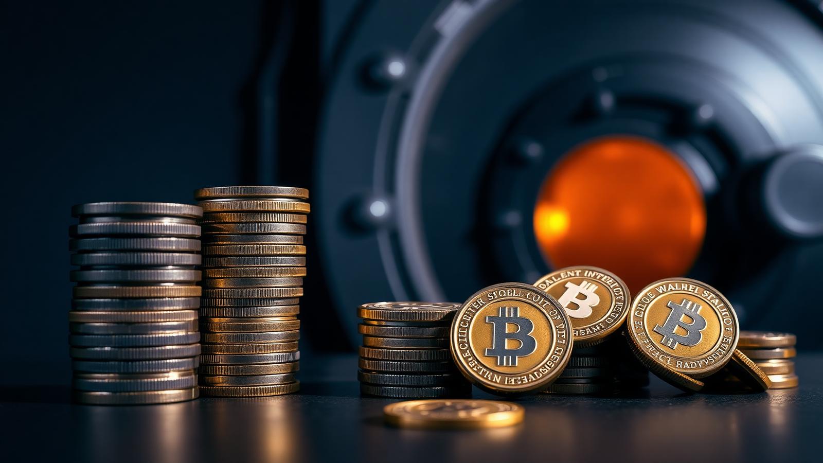 Stacks of metal coins in front of a bank vault door