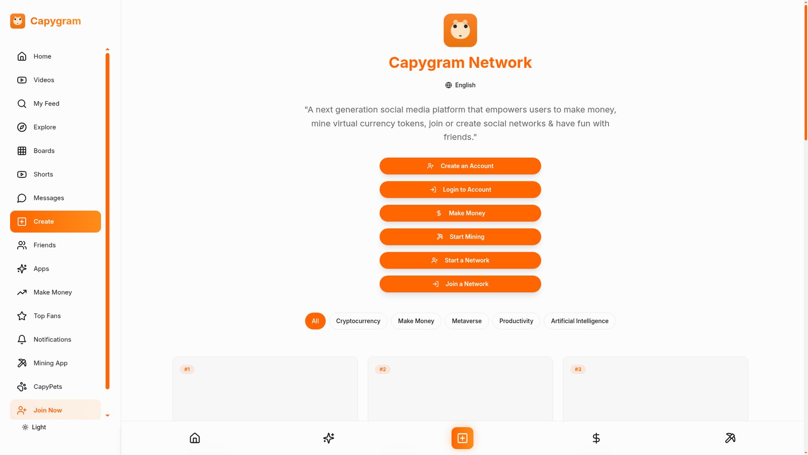 The Capygram Network home page showing its mini-app catalogue including CapyMining, CapyPets and CapyFood