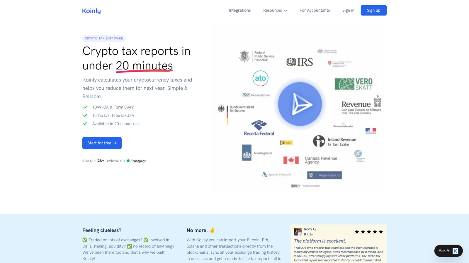 The Koinly home page showing its crypto tax reporting product