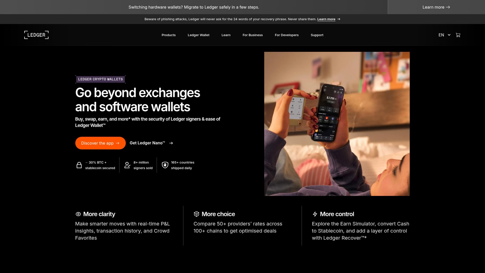 The Ledger website home page displaying its hardware wallet range
